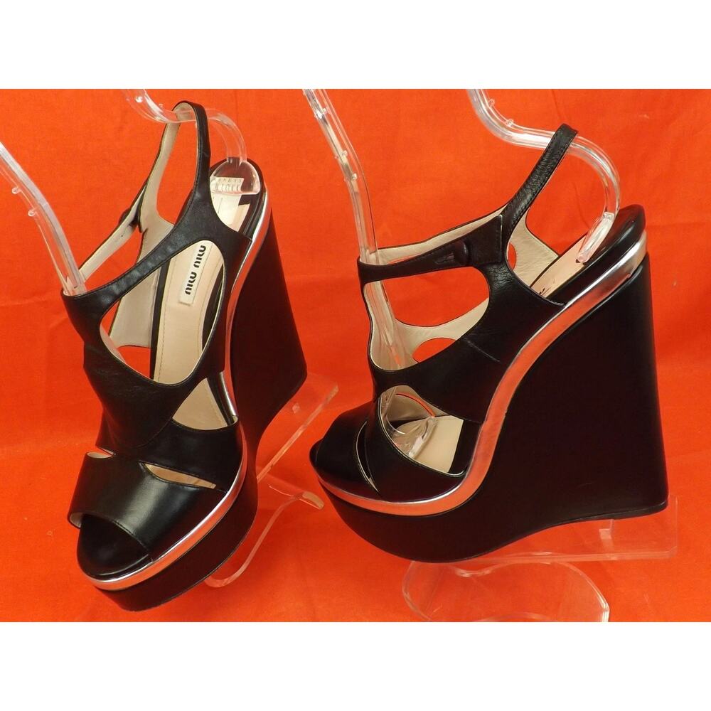 NIB MIU MIU PRADA 5XZ201 BLACK LEATHER SILVER WEDGE CAGED PLATFORM SANDALS 40 - Picture 6 of 9